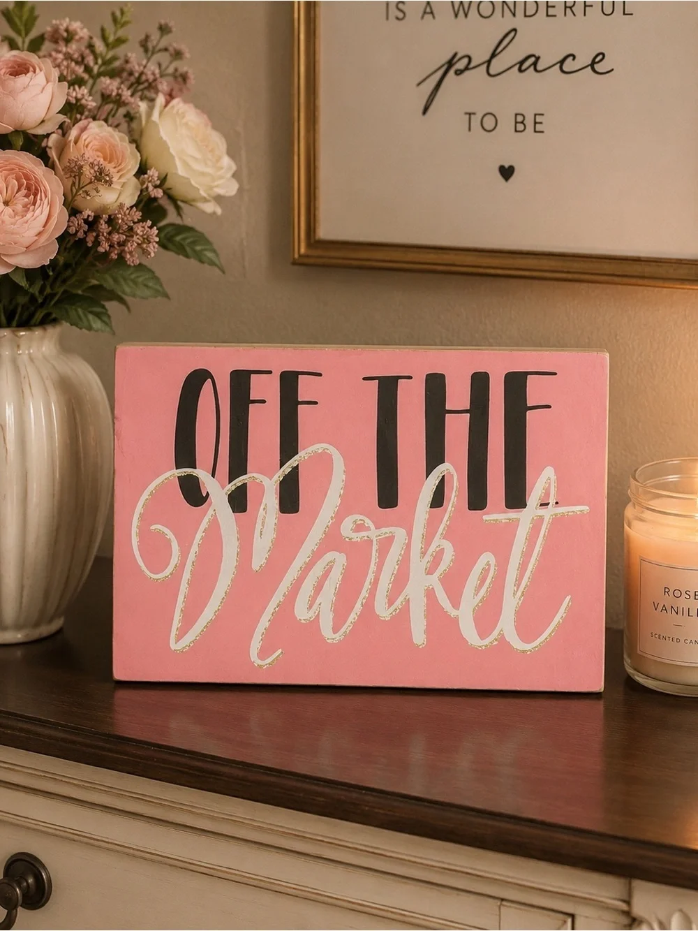 Off The Market Pink Glitter Wall Art Romantic Home Decor Engagement Wedding Sign